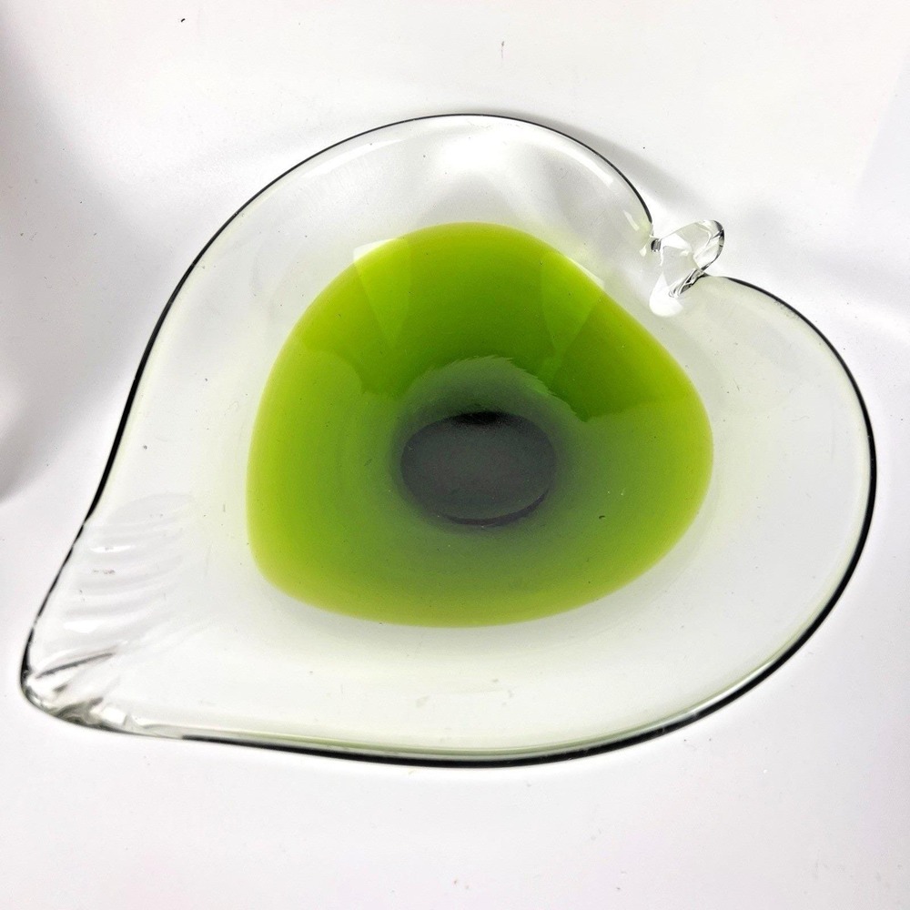 Vintage Murano Style Green Sommerso Art Glass Leaf Heart Bowl 8" Heavy Studio